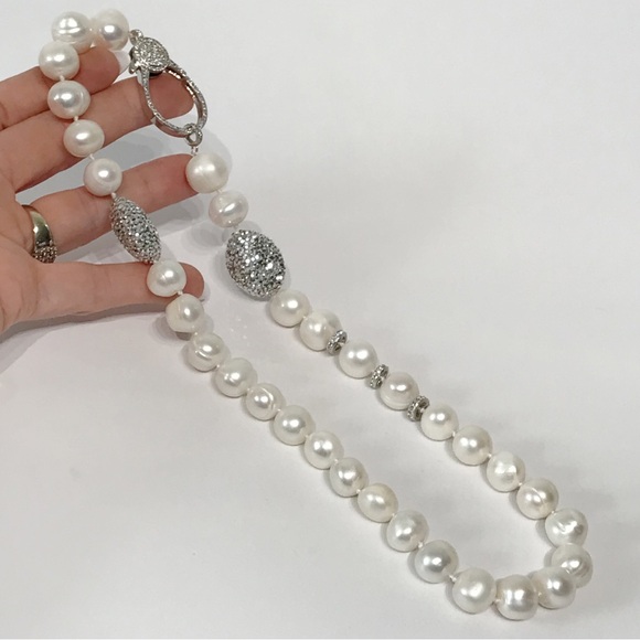 Real 14mm Pearl Necklace Large CZ Clasp Pave Crystal 21" Hand Knotted Chunky VTG - Picture 6 of 15